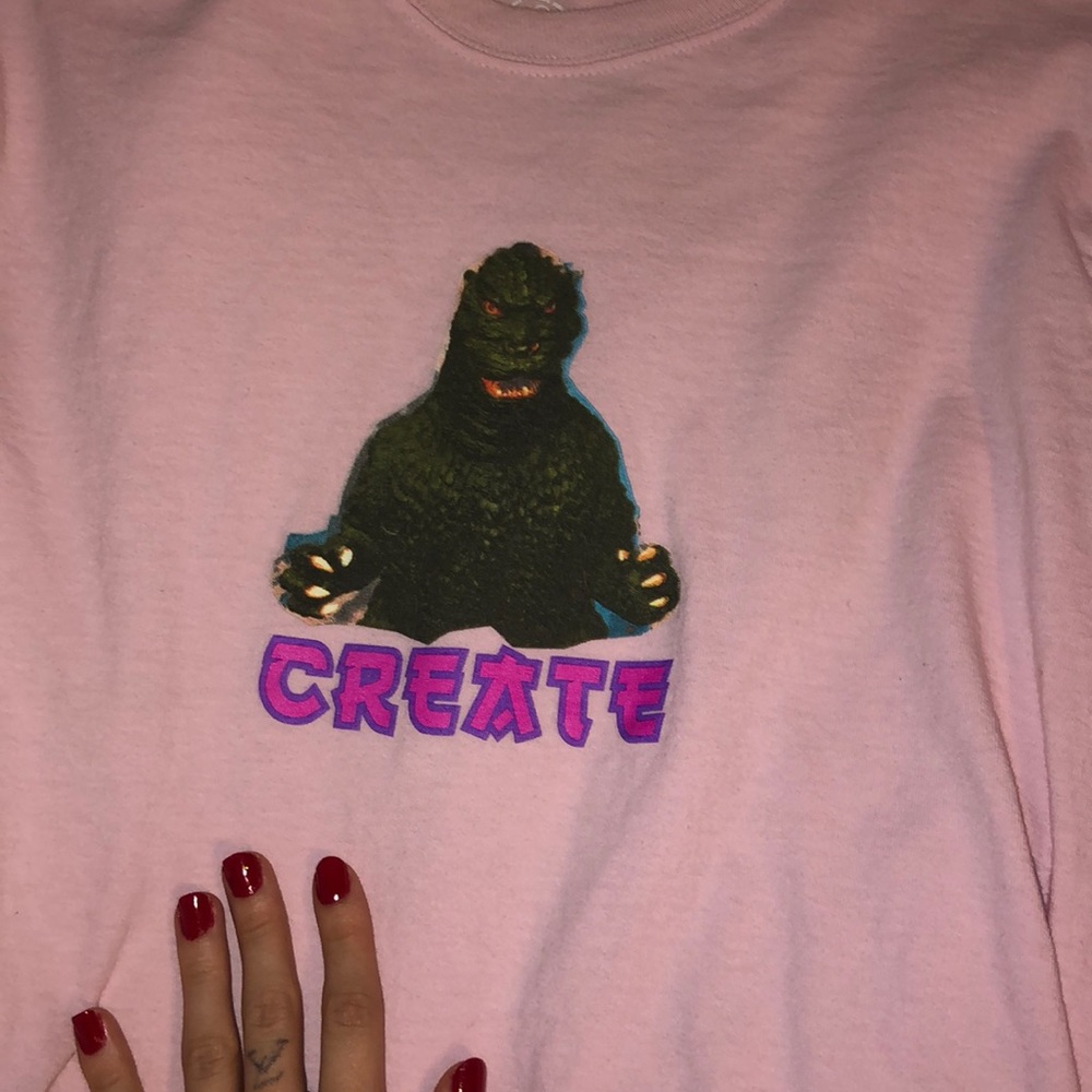 Long-sleeved baby-pink Create Godzilla tee size S